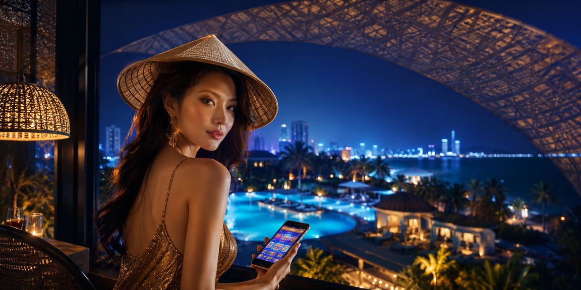 Người phụ nữ đội nón lá tại Mũi Né thư giãn và trải nghiệm trò chơi jackpot trực tuyến buổi tối